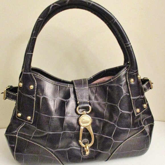 Dooney & Bourke Satchel Handbag Black Croc Embossed Leather Reversible Clip Lock - Picture 1 of 15